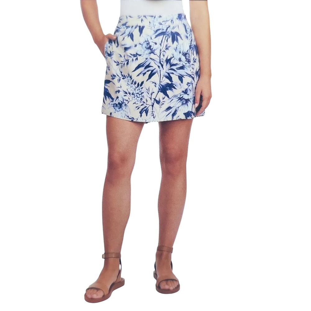 Ellen‎ Tracy Blue White Floral Linen Blend Skort Elastic Back Pockets Large